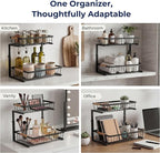 Under Sink Organizer, 2 Pack, 2 Tier Sliding L-Shaped Carbon Steel Rack with Adjustable Height, Motion-Activated LED Lights, 