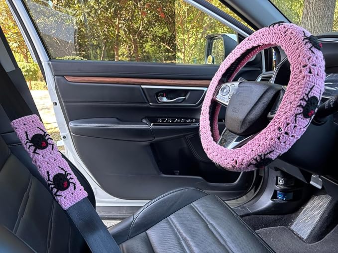 Crochet Spider Steering Wheel Cover Universal 14-15 inch (B,Wheel Cover+2 Belt Cover)