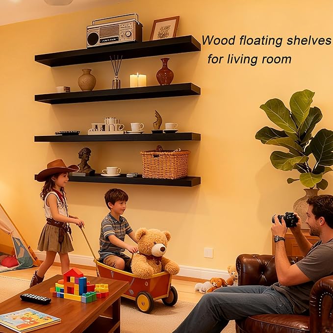 ROGMARS Black Floating Shelves for Wall 36 inch,Rustic Solid Wood Farmhouse Wooden Floating Wall Shelves with Invisible Brack