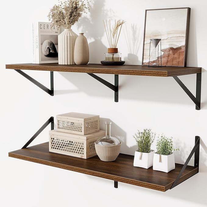 Floating Shelf for Wall,32" WX10 D Wood Floating Shelves with Sturdy Metal Bracket Set of 2,Wall Mounted Hanging Shelf for Ba