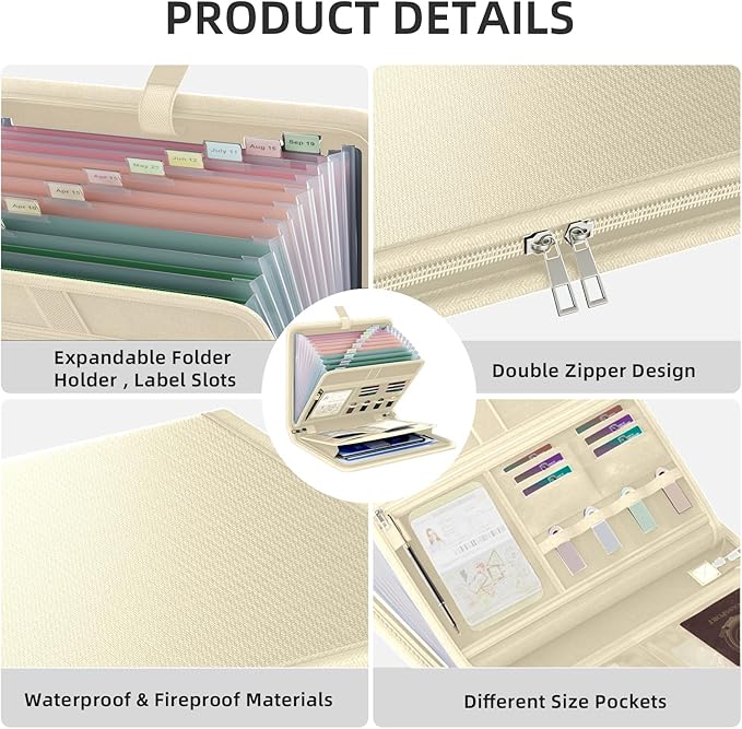 Fireproof Accordion File Organizer, Portable Expanding File Folder with Waterproof Zipper&Labels, Khaki Document Organizer wi