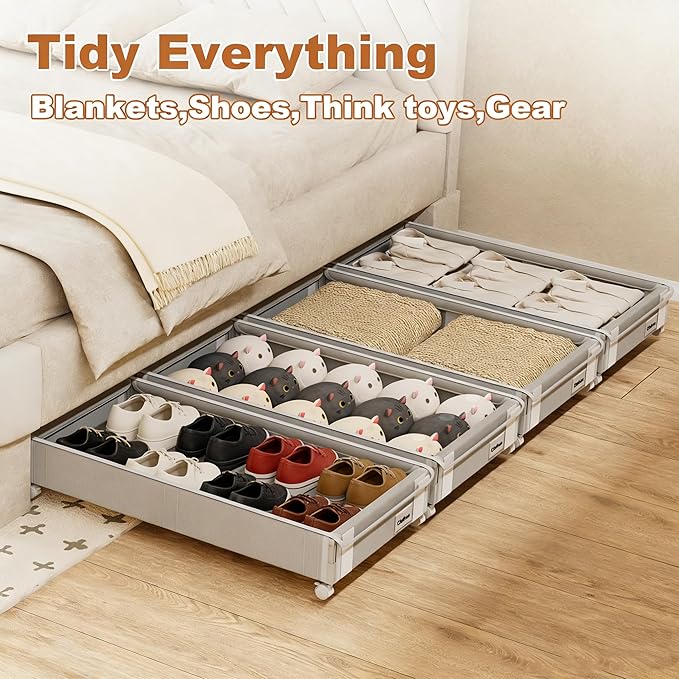 2Pack Under Bed Storage with Wheels,5.2"-6.5" Adjustable Height Underbed Storage,Low Profile Under Bed shoe Storage,Rolling U