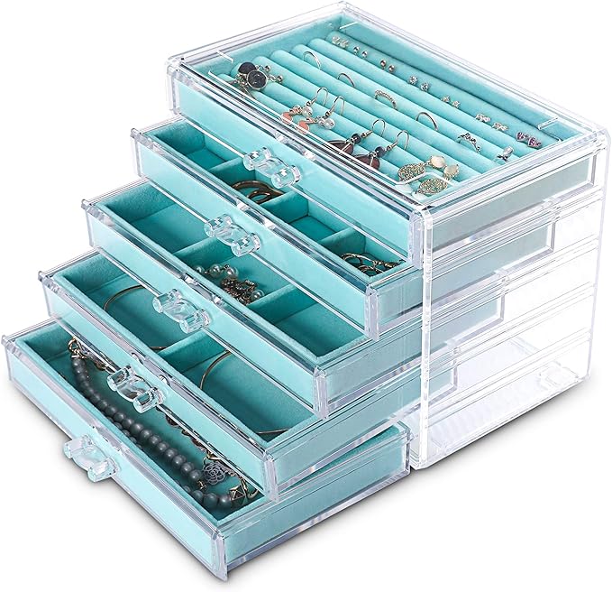 Frebeauty Extra Large Acrylic Jewelry Box for Women 5 Layers Clear Jewelry Organizer Velvet Earring Box with 5 Drawers Rings 