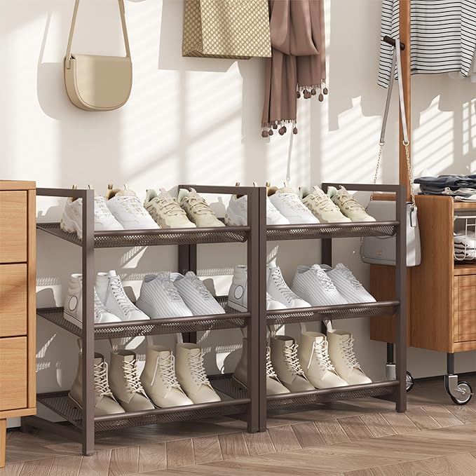 6 Tier Shoe Rack, Stackable Shoe Storage with Mesh Shelves, Holds 12-15 Pairs, Metal Shoe Organizer for Entryway Closet Garag
