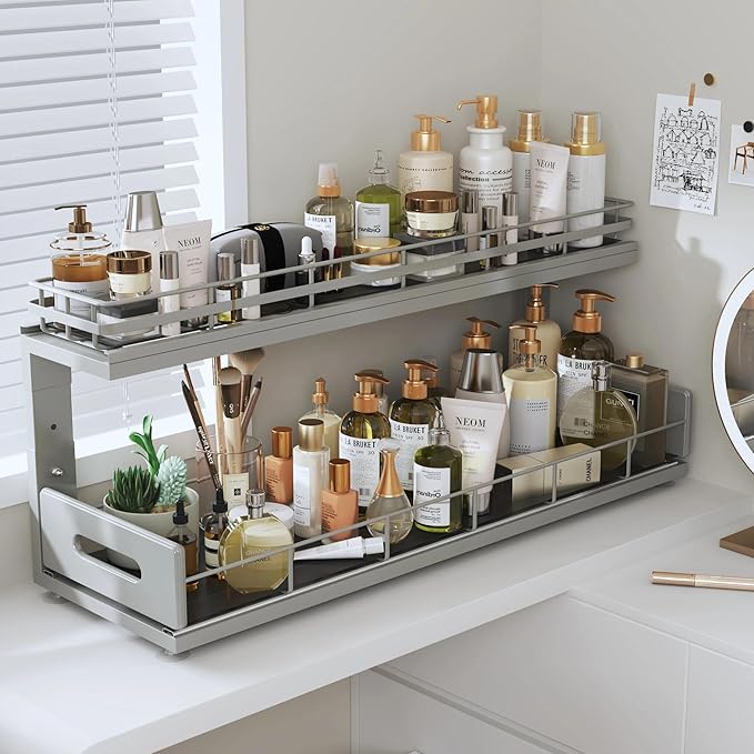 Under Sink Organizer Upgrade To Professional Rails,2-Tier Dual Pull Out Cabinet Storage,Height Adjustable Slide Out Drawers F