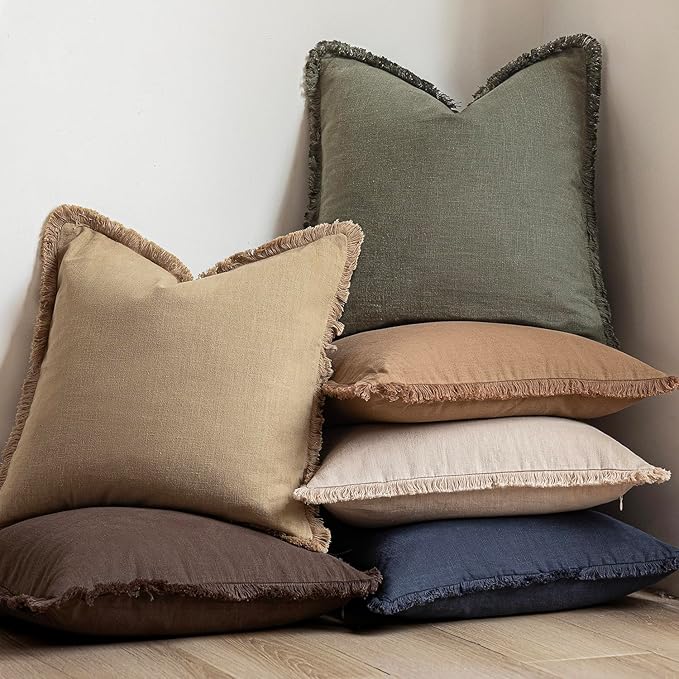 Foindtower Set of 2 Decorative Linen Fringe Lumbar Throw Pillow Covers Farmhouse Cushion Cover with Tassels Soft Accent Pillo