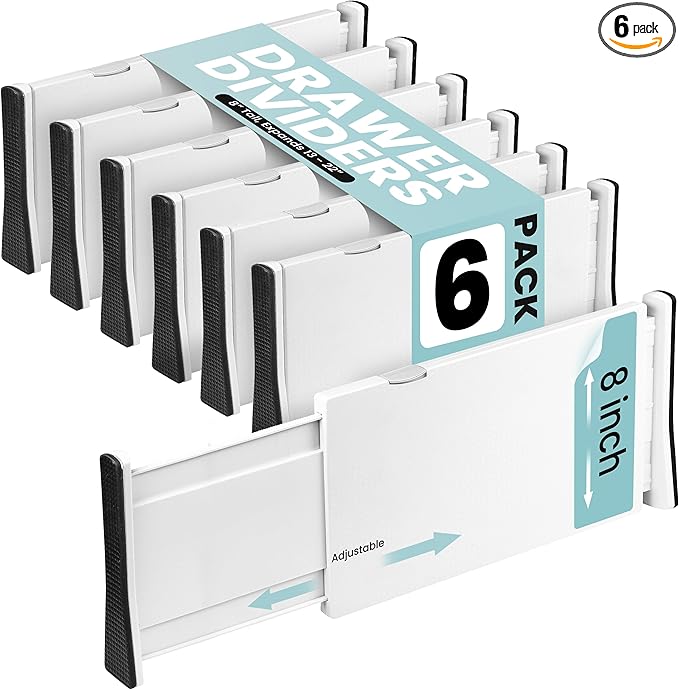 RAPTUROUS Adjustable Drawer Dividers, 8" Tall, Expandable 13.35-22", 6-Pack, Non-Slip for Deep Drawers in Kitchen, Bedroom, a