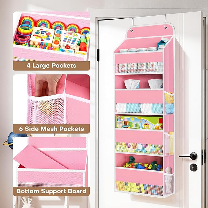SpaceWhisper Over the Door Organizer, 4 Large Pocket Hanging Storage Organizer with 40lb Capacity, Space Saving for Nursery, 