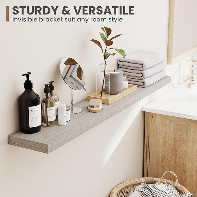 55 Inch Floating Shelves, 8 Inch Deep Floating Shelves for Wall, Hanging Shelf with Invisible Brackets, Deep Shelves for Bath