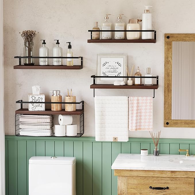 Bathroom Floating Shelves Wall Mounted - 4+1 Tier Rustic Wooden Bathroom Wall Shelves Over Toilet with Wire Storage Basket&To