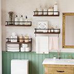 Bathroom Floating Shelves Wall Mounted - 4+1 Tier Rustic Wooden Bathroom Wall Shelves Over Toilet with Wire Storage Basket&To