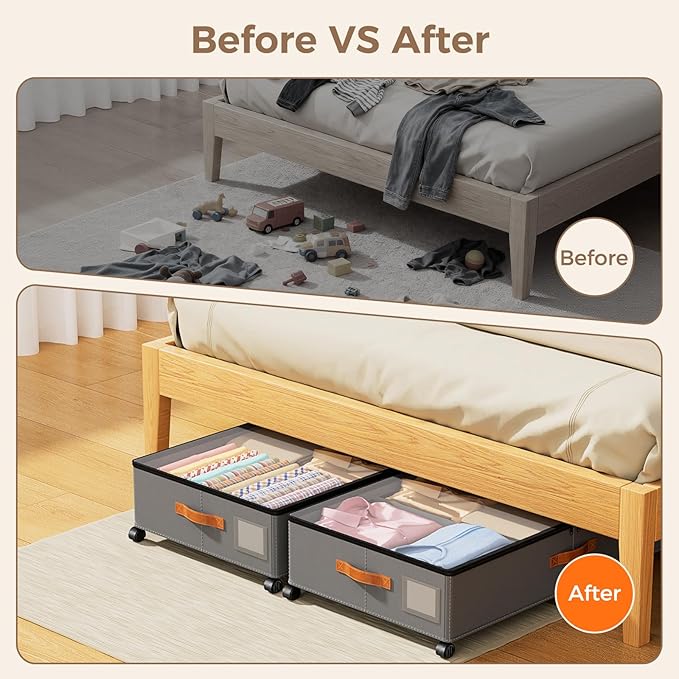 Under Bed Storage with Wheels, Large Capacity UnderBed Containers with Clear Lids, Shoe Organizer Under Bed Drawers, Rolling 
