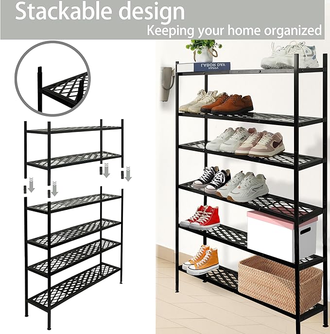 Shoe Rack, 4-Tier Long Shoe Rack, Stackable Shoe Storage Organizer Expandable Shoe Shelf Stand, Holds up to 25-30 Pairs of Sh