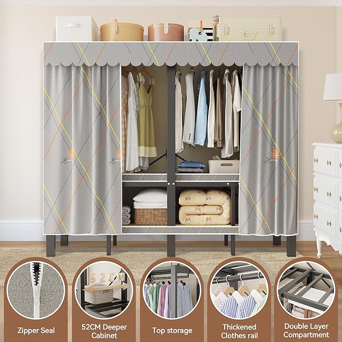 Heavy Duty Clothes Rack with Cover, Portable Wardrobe Closet with Magnetic Door & Black Steel Frame, Foldable Freestanding Ga