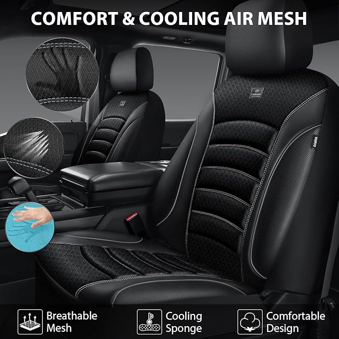 CAR PASS Comfortable 3D Foam Mesh Leather Car Seat Covers Full Sets, Air Cool Mesh Breathable Seat Covers for Car, Universal 