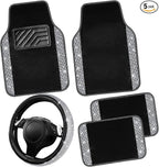CAR PASS Bling Diamond Leather Steering Wheel Cover 14.5in-15in Floor Mats Shining Rhinestone Carpet Sparkly Glitter Crystal Anti-Slip Pad Fit Automotive SUV Pickup Truck Girl Women, 5pcs Black Sliver