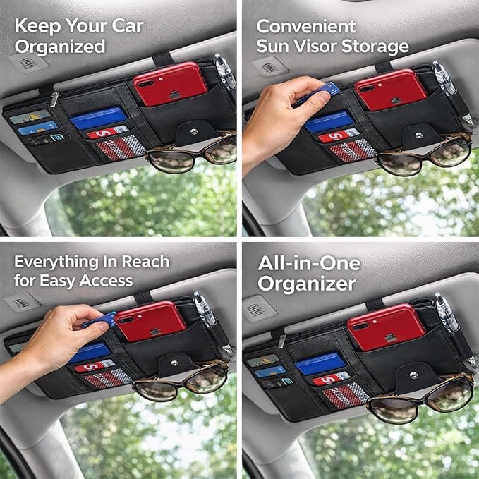 Car Sun Visor Multi-Pocket Organizer — Black (Universal Car/SUV/Truck Storage Pouch)