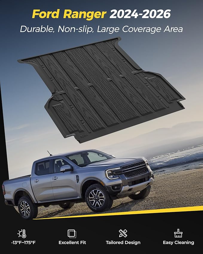 3W Truck Bed Mat for Ford Ranger (5FT, 59.6" Bed) 2024-2026 Vehicle Bed Mat, Vehicle Bed Mat Custom Fit Flush All Weather Protection TPE Pickup Car Bed Cargo Trunk Liner for Ranger