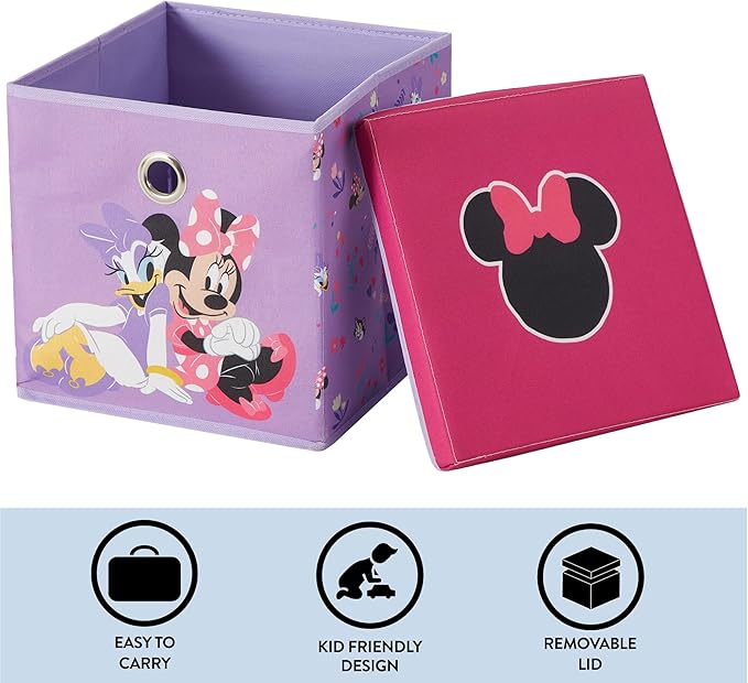 Idea Nuova Disney Minnie Mouse Collapsible Fabric Storage Cube,10” Organizer Bin with Lid for Bedroom, Playroom, and Closet