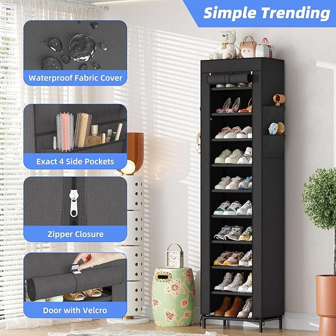 Simple Trending Narrow Shoe Rack with Cover, 10 Tier Shoe Organizer Storage, Tall Free Standing Shoe Cabinet Holds 20 Pairs f