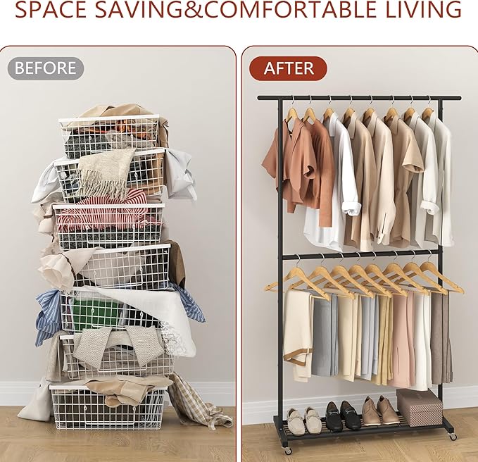 Sywhitta Double Rod Clothing Garment Rack, Rolling Coat Hanger with Bottom Mesh, Clothing Rack for Hanging Clothes, Coats, Sk