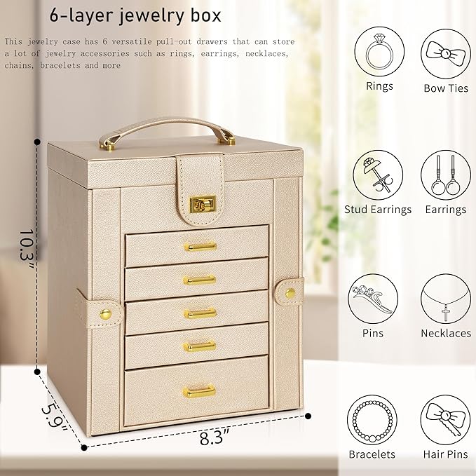 AKOZLIN 6-Tier Jewelry Box Organizer Functional Leather Jewelry Storage Case for Women Girls Ring Necklace Earring Bracelet H