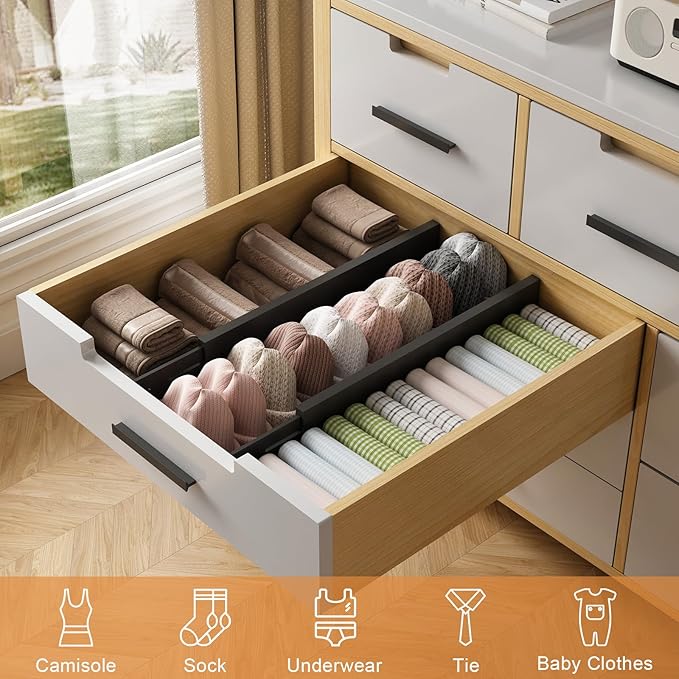 Bamboo Drawer Dividers,17-22" Adjustable Kitchen Drawer Organizer for Clothes,6 Pack Expandable Drawer Organization Separator