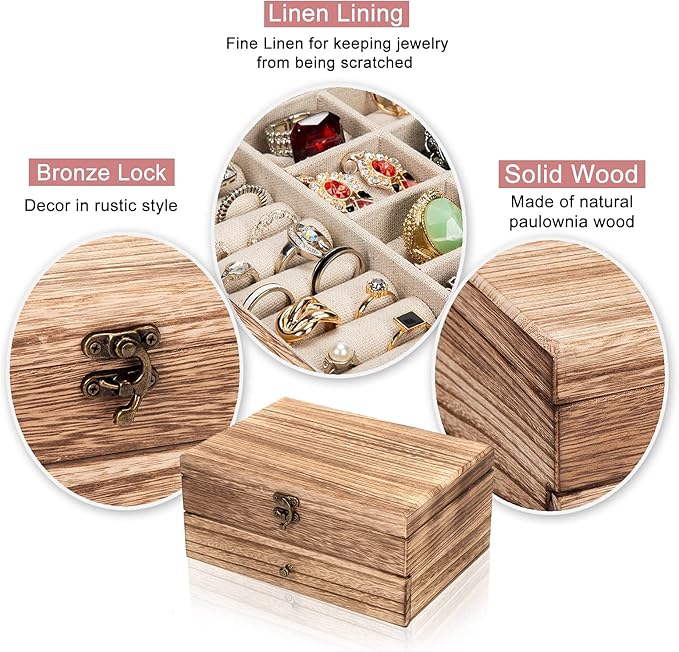 Pinzoveco Jewelry Box for Women, Rustic Wooden Jewelry Organizer Box for Storage Earrings Rings Necklace Bracelet, Farmhouse 