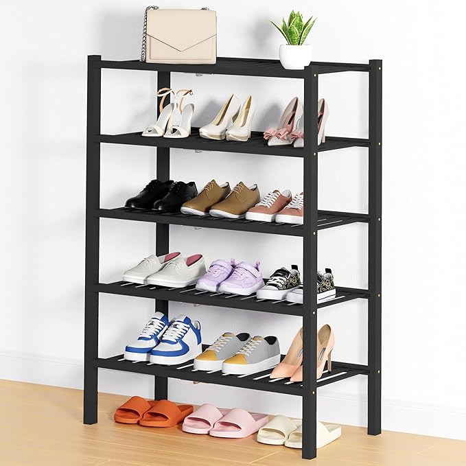 Smiry Shoe Rack, 5 Tier Thick Bamboo Shoe Organizer, Stackable Free Standing Wooden Shoe Storage Shelf for Closet, Entryway, 