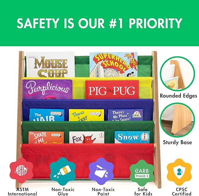 Humble Crew 4-Tier Kids Bookshelf, Natural Wood/Primary - Premium Book Shelf for Kids Rooms with Four Deep Pockets - Toddler 