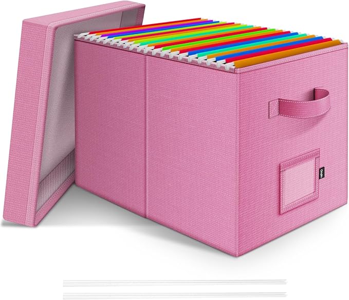 File Organizer Box with Lid, Linen Hanging File Storage Box with Handle, Collapsible Document Filling Box for Letter/Legal Fo
