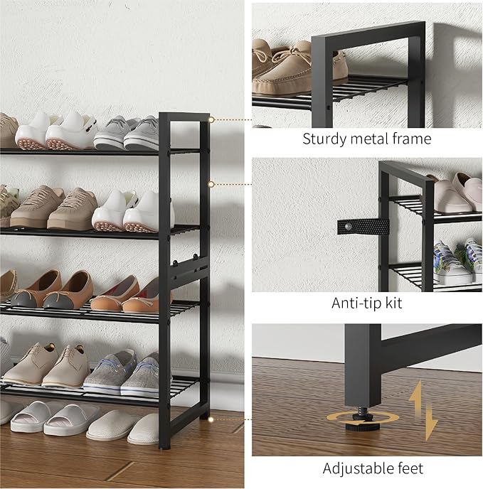 Stackable Shoe Rack, 4 Tier Metal Shoes Rack Storage Organizer,Large Capacity Shoe Shelf Holds 24 Pairs of Shoes,Sturdy and S