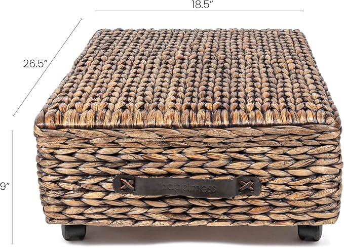 happimess BSK1006B 26.38" Chett Minimalist Hand-Woven Hyacinth/Wood Underbed Storage Bin with Wheels and Handles for Storage 