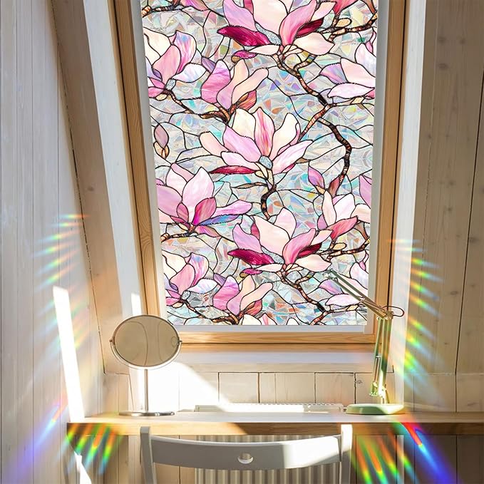 Niviy Window Clings Pink Magnolia Stained Glass Window Film, Sun Protection Decals for Car Moonroof, Static Cling Rainbow Sticker Covering for Home Door (16.93 x 39.37inch)