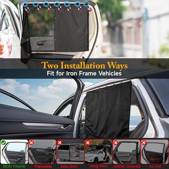 Car Window Shades, 2 Pack Suede Fabric & Dual-Layer with Zipper Magnetic Sun Shade Curtain for Back Side Windows, Universal Fit for SUV/Sedan/Truck Back Window Privacy, Blackout Sunshade for Baby