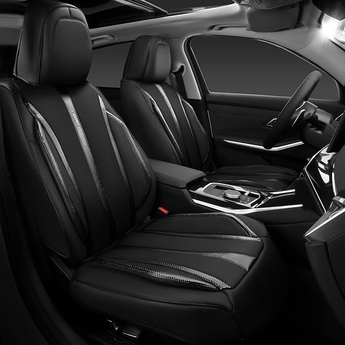 CAR PASS Nappa Leather Car Seat Covers Full Set & Carbon Fiber, Waterproof and Durable All Weather Protector, Universal Fit f