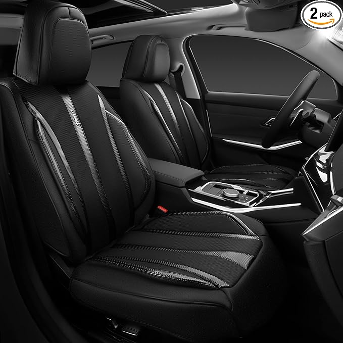 CAR PASS Carbon Fiber Nappa Leather Car Seat Covers Front Only Cushioned Leatherette 2 Piece Padded Waterproof Universal Fit 