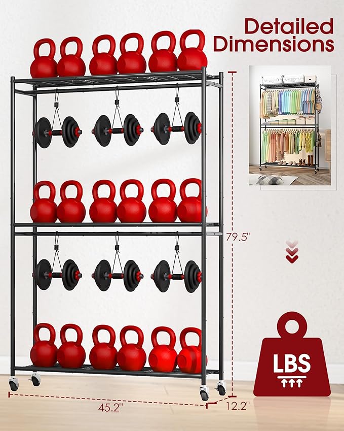 Sakugi Clothes Rack - 45.2" x 12.2" x 79.5" Clothing Rack with Shelves & Wheels, Multi-Functional Wardrobe Closet with Hooks,