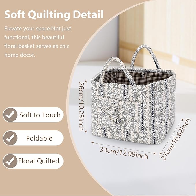 Storage Basket Boho Fabric Large Collapsible Floral Laundry Nursery Hamper Portable Folding Storage for Clothes Toys (Vine-Bl