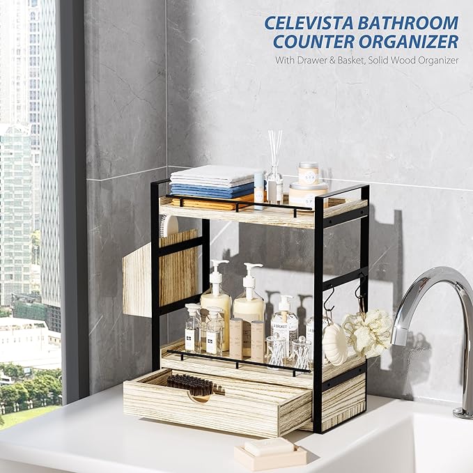 2-Tier Wood Bathroom Counter Organizer, Countertop Organizer with Drawer and Storage Basket, Bathroom Sink Organizer for Vani