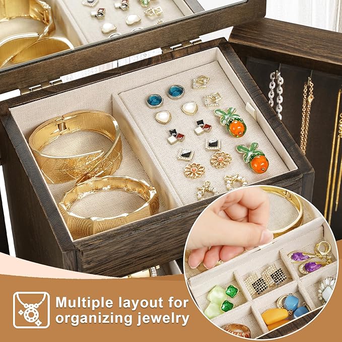 Jewelry Box for Women, Rustic Wooden Jewelry Boxes & Organizers with Mirror & Drawers,6 Layer Jewelry Organizer Box for Rings