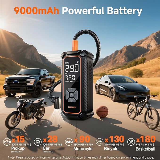 OlarHike Cordless Tire Inflator Portable Air Compressor, Dual Power Mode - 9000 mAh & 12V DC, Air Pump for Car Tires, Motorcycle, Bicycle, Electric Pump with LED Light & Digital Pressure Gauge
