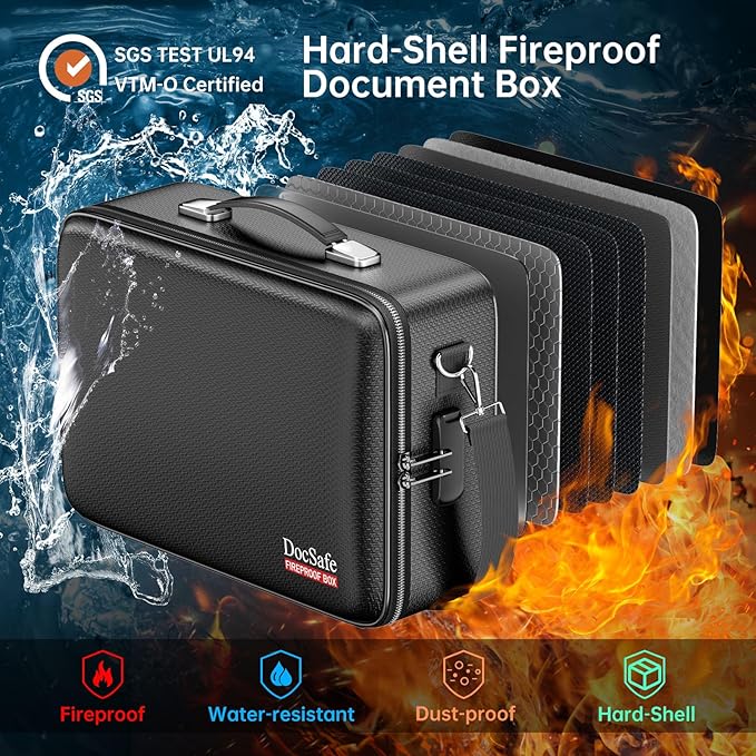 DocSafe Fireproof Document Box with Lock, Hard Case File Organizer with Accordion File Folder, Fireproof Water Resistant Safe