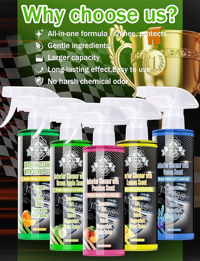 Kingvo Interior Car Cleaner, Car Seat Cleaner Cleaning Kit Carpet Shiny Stuff Deep Cleans Rubber Floor Mat Truck,Green Apple 
