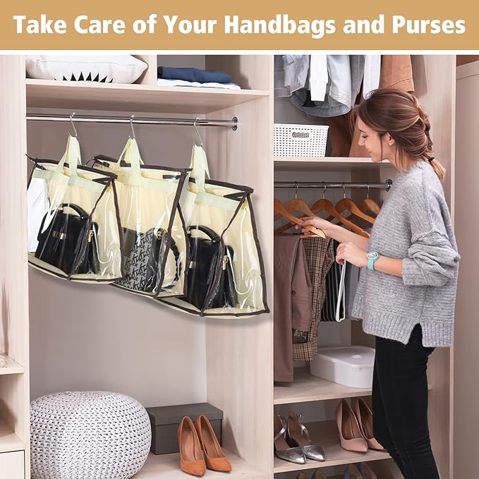 16 Pack Clear Handbag Storage Organizer and 16 Stainless Steel S-Hooks Anti-dust Purse Storage Bags with Zipper and Handle Mo