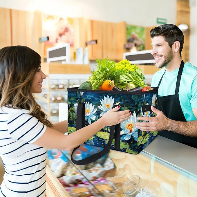 Reusable Grocery Bags Heavy Duty Shopping Bags Foldable Large Tote Bags with Long Handles & Hard Bottom