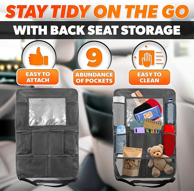 2 Pcs Backseat Car Organizer - Universal 23.4x16" Back Seat Car Organizer with 9 Large Pockets & Clear Tablet Holder, Made of Reliable Polyester with Long and Strong Straps - Easy to Attach & Clean