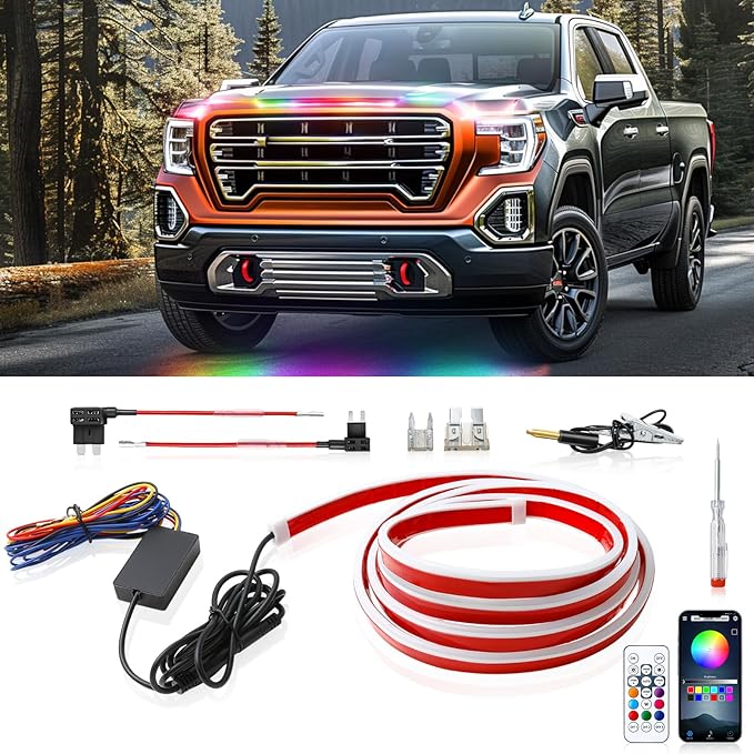 60 Inch Car Hood Light Strip, White Exterior Dynamic Car LED Hood Light, Flexible & Waterproof, Universal Exterior Daytime Running Light Strip with Fuse Protection for Cars, SUVs, Trucks