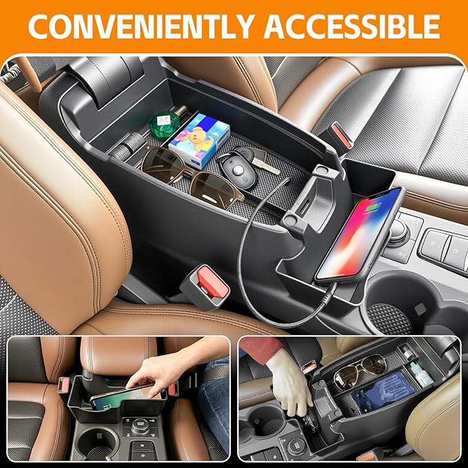 Center Console Organizer Compatible with 2021-2025 Ford Bronco Sport/2020-2025 Ford Escape Hanging Armrest Box Arm Rest Storage Tray for Bronco Sport/Escape Accessories(Hanging+Armrest Tray)