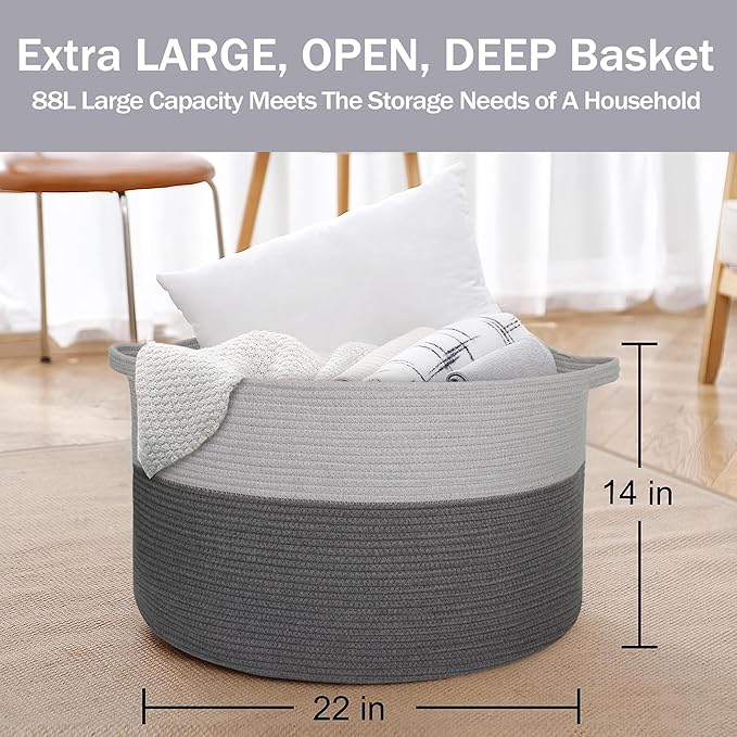MEGASKET Extra Large Rope Basket, XXXL Woven Storage Basket, Large Blanket Storage for Living Room, Kids Room Toy Organizer B